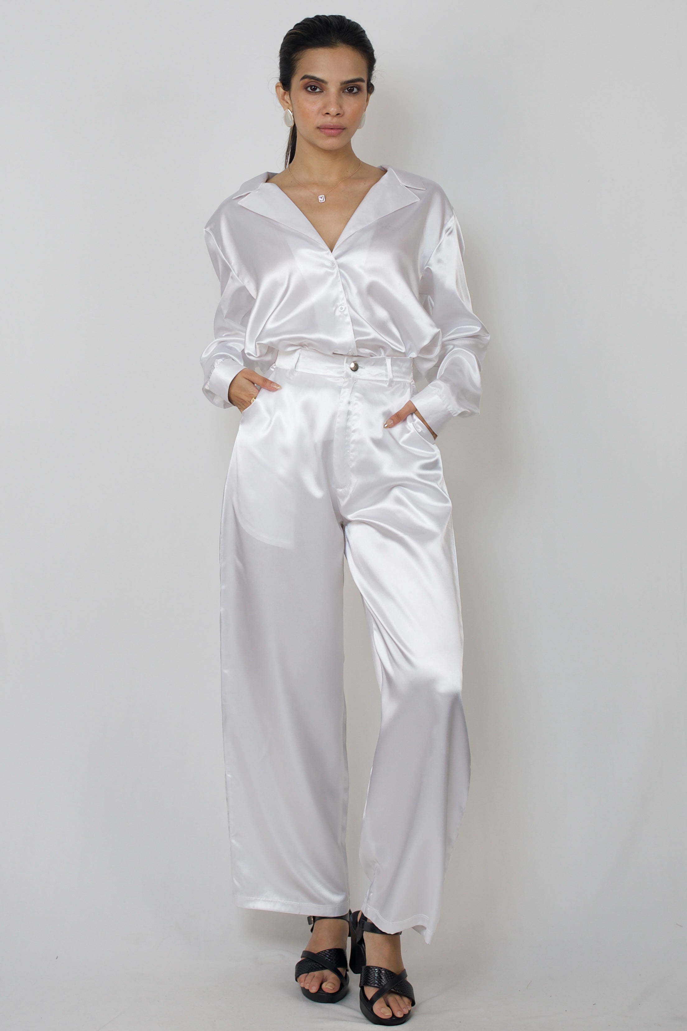 DanceeMangoo White Satin Pajamas For Women Sets Wide Leg Pants Set Loose  Full Sleeve Womens Winter Clothes Nightwears For Ladies - Walmart.com